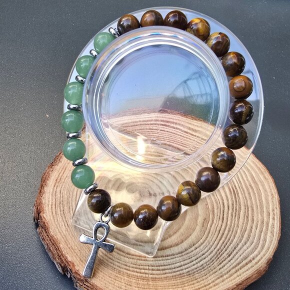 Handmade ✦ Life Eternal Bracelet ✦ Ankh Charm Tiger’s Eye Green Aventurine 8mm - Picture 5 of 7